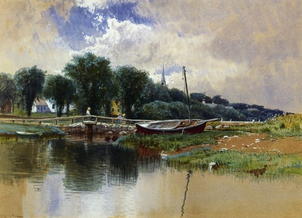 Landscape with Children on a Bridge by Alfred Thompson Bricher - Hand-Painted Oil Painting Reproduction
