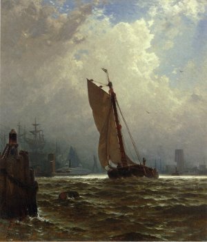 New York Harbor with the Brooklyn Bridge Under Construction Oil painting by Alfred Thompson Bricher