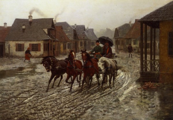 Main Product Photo of A Journey in the Rain Painting by Alfred Von Kowalski-Wierusz