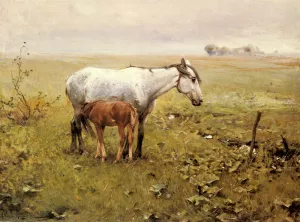 A Mare and Her Foal in a Landscape by Alfred Von Kowalski-Wierusz - Oil Painting Reproduction