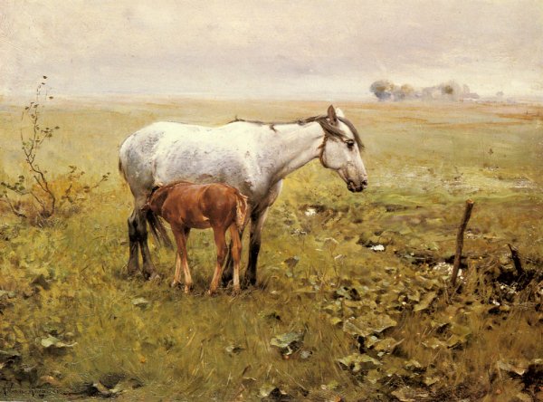 Main Product Photo of A Mare and Her Foal in a Landscape Painting by Alfred Von Kowalski-Wierusz