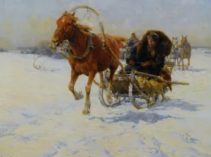 Sleigh Ride by Alfred Von Kowalski-Wierusz - Oil Painting Reproduction
