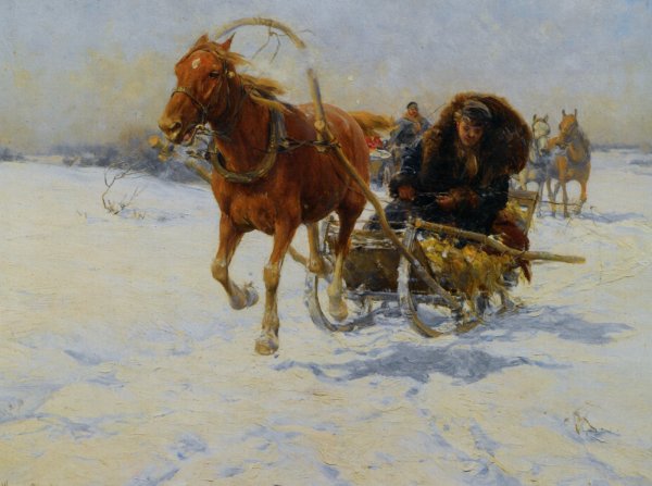 Main Product Photo of Sleigh Ride Painting by Alfred Von Kowalski-Wierusz