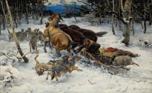A Sledge Under Attack By Wolves by Alfred Von Wierusz-Kowalski Oil Painting