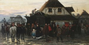 Arrival of a post chaise in a country town by Alfred Von Wierusz-Kowalski Oil Painting