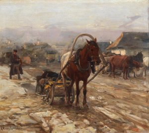 Horse And Cart On The Village Street by Alfred Von Wierusz-Kowalski Oil Painting