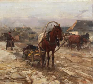 Horse And Cart On The Village Street by Alfred Von Wierusz-Kowalski Oil Painting