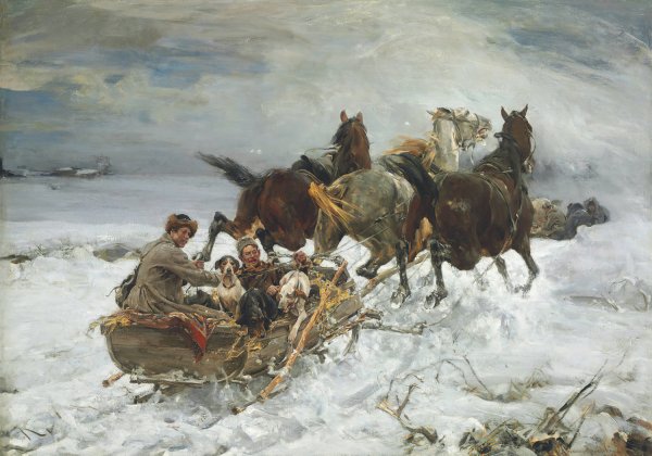 Main Product Photo of Horse-Drawn Sleigh Painting by Alfred Von Wierusz-Kowalski