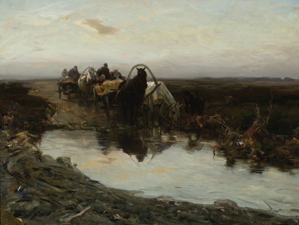 Main Product Photo of Peasant carts in front of a puddle  Painting by Alfred Von Wierusz-Kowalski