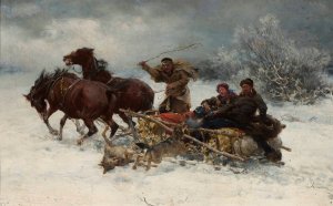 Wolves attacking a sleigh by Alfred Von Wierusz-Kowalski Oil Painting