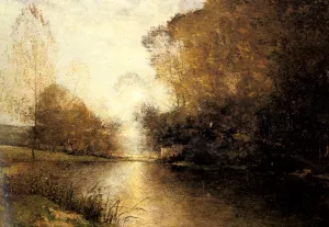 A Moonlit River Landscape with a Figure by Alfred Wahlberg Oil Painting