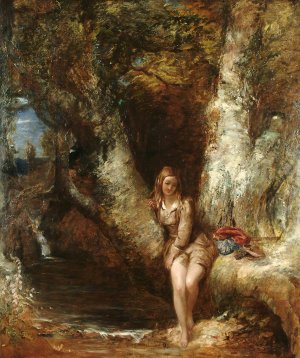 Girl Seated Before A Woodland Pool by Alfred Woolmer Oil Painting