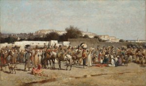 A bustling market place at the city wall, Tangiers by Alfred Wordsworth Thompson Oil Painting