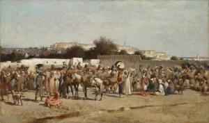 A bustling market place at the city wall, Tangiers by Alfred Wordsworth Thompson Oil Painting