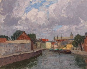 A Canal with Boats before a Town by Alfred Zoff Oil Painting