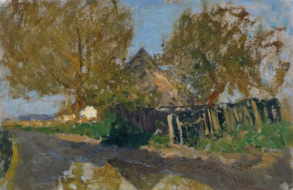 Main Product Photo of Dorfstrase mit Gehoft unter Baumen Painting by Alfred Zoff