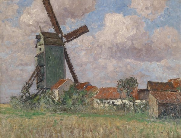 Main Product Photo of Windmuhle und Dorf in Belgien Painting by Alfred Zoff