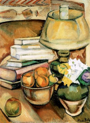 Still Life Lamp, Books and Fruit