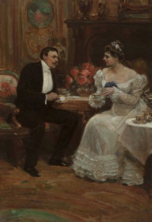 Seated Couple Having Tea by Alice Barber Stephens Oil Painting