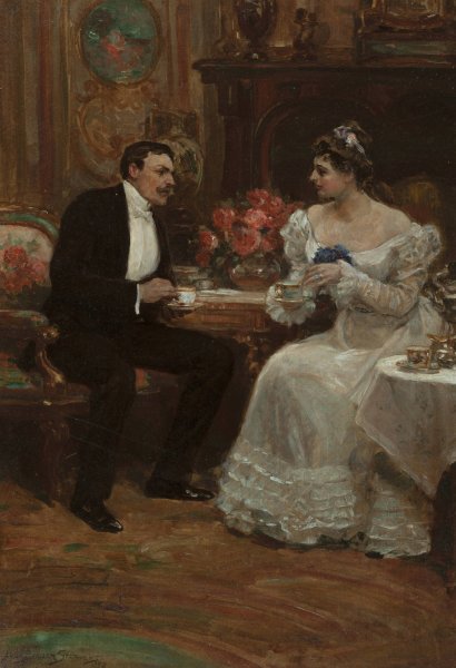 Seated Couple Having Tea  by Alice Barber Stephens - Hand-Painted Oil Painting Reproduction