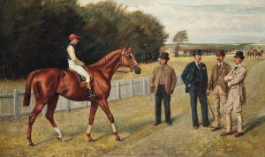 The Racehorse Kingswood with C. Wood up, the trainer Sherrad and Sir G. Chetwynnd, Bart., Lord Lurgan, and Mr E.H. Benson standing nearby by Allen Culpeper Sealy Oil Painting