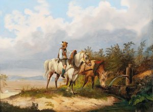 Reiter Mit Pferden Bei Der Tranke by Alois Bach Oil Painting