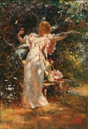 Playing with butterflies by Alois Hans Schram Oil Painting