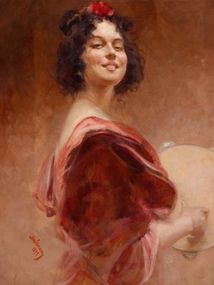 Zigeunerin mit Tambourin by Alois Hans Schram Oil Painting