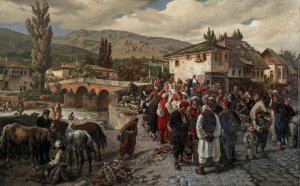 An der lateinischen Brucke in Sarajewo Marktszene in der Herzegowina by Alois Schonn Oil Painting