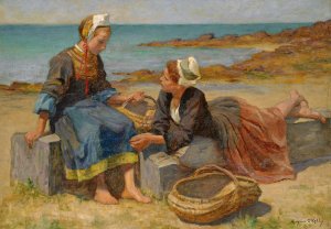 Breton Girls On a Beach by Aloysius O'Kelly Oil Painting