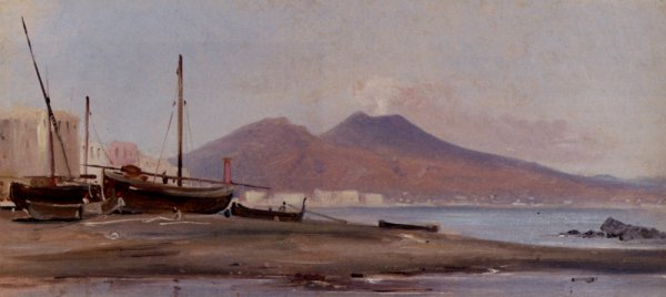 Fishing Boats Along The Sorrentine Coast With A View Of Mount Vesuvius by Alphee De Regny - Hand-Painted Oil Painting Reproduction