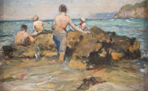 Boys at a rocky beach by Alphons Hollaender Oil Painting