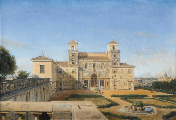 View of the Villa Medicis gardens, Rome  by Alphonse-Henri Perin - Hand-Painted Oil Painting Reproduction