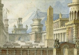 Binnenplaats van een versterkt kasteel met obelisk, troepen in het gelid by Alphonse Jean Baptiste Vien Oil Painting