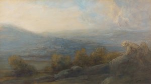 Mountain Landscape with two Figures at the Right by Alphonse Legros Oil Painting