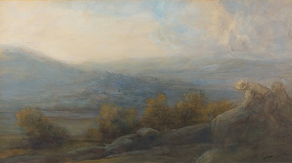 Mountain Landscape with two Figures at the Right  by Alphonse Legros - Hand-Painted Oil Painting Reproduction