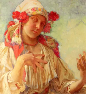 Young Girl in a Moravian Costume Oil painting by Alphonse Maria Mucha