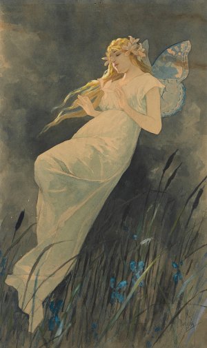 Elfe mit Irisbluten by Alphonse Mucha Oil Painting
