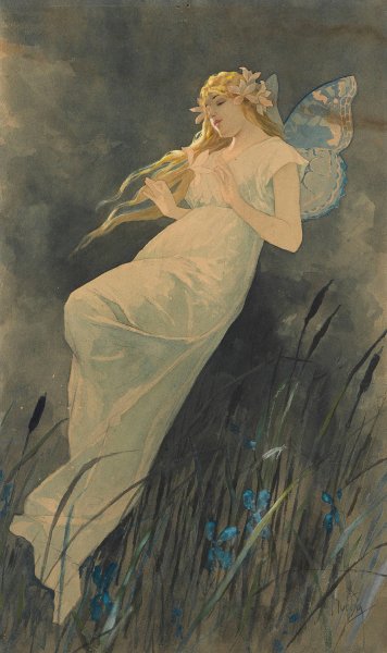 Elfe mit Irisbluten  by Alphonse Mucha - Hand-Painted Oil Painting Reproduction
