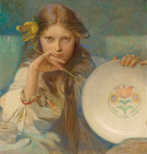 Girl with a Plate with a Folk Motif by Alphonse Mucha Oil Painting