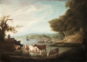 A Calm Watering Place-Extensive and Boundless Scene with Cattle by Alvan Fisher Oil Painting