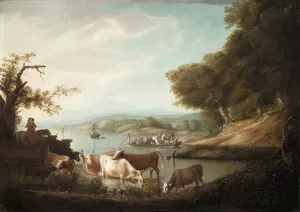 A Calm Watering Place-Extensive and Boundless Scene with Cattle by Alvan Fisher Oil Painting