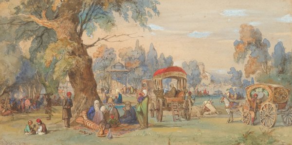 A Party At The Sweet Waters Of The Bosphorus, Constantinople  by Amadeo Preziosi - Hand-Painted Oil Painting Reproduction