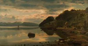 Aftenstemning. Skogsfjord, Mandal Oil painting by Amaldus Nielsen