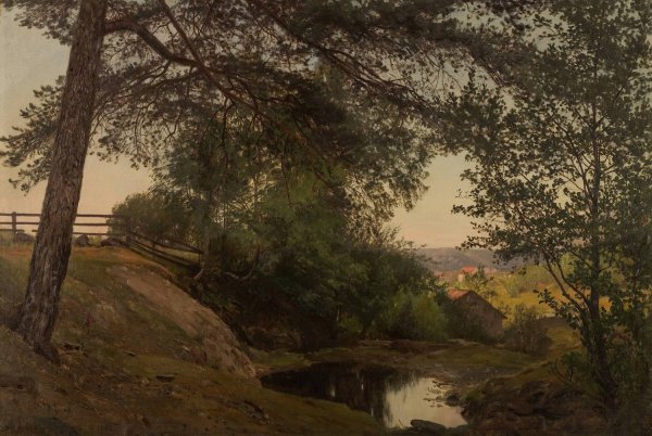 Main Product Photo of Mellom traerne. Lervik, Stord  Painting by Amaldus Nielsen