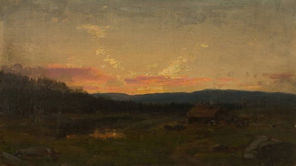 Solnedgang ved seteren  by Amaldus Nielsen - Hand-Painted Oil Painting Reproduction