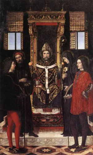St Ambrose with Saints painting by Ambrogio Bergognone