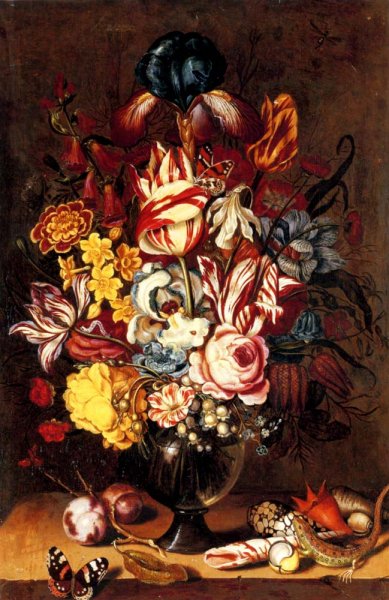 Main Product Photo of Tulips, Peonies, Narcissi and other Flowers in a Glass Vase with Plums, Seashells, a Butterfly and a Lizard on a Ledge Painting by Ambrosius Bosschaert The Younger