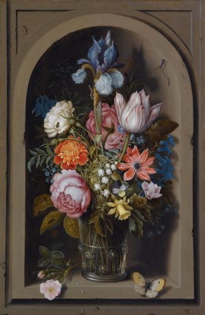 A Still Life Of Flowers In A Glass Beaker Set In A Marble Niche by Ambrosius Bosschaert The Elder Oil Painting