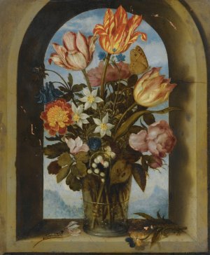 Still Life Of Tulips, Moss-Roses, Lily-Of-The-Valley And Other Flowers In A Glass Beaker Set In An Arched Stone Window Opening by Ambrosius Bosschaert The Elder Oil Painting
